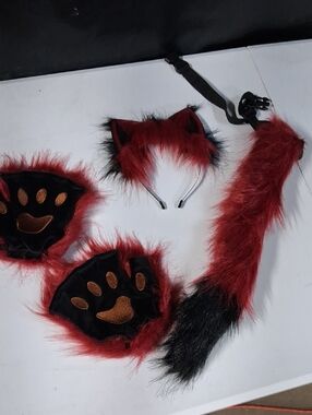 NWOT Red and Black Faux Fur Fox Costume Set, Headband, Paws & Tail